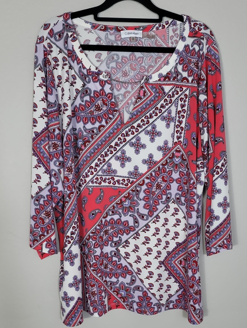 Calvin Klein Paisley Stretch Blouse Size 2XL Long Sleeve Office Career Corporate